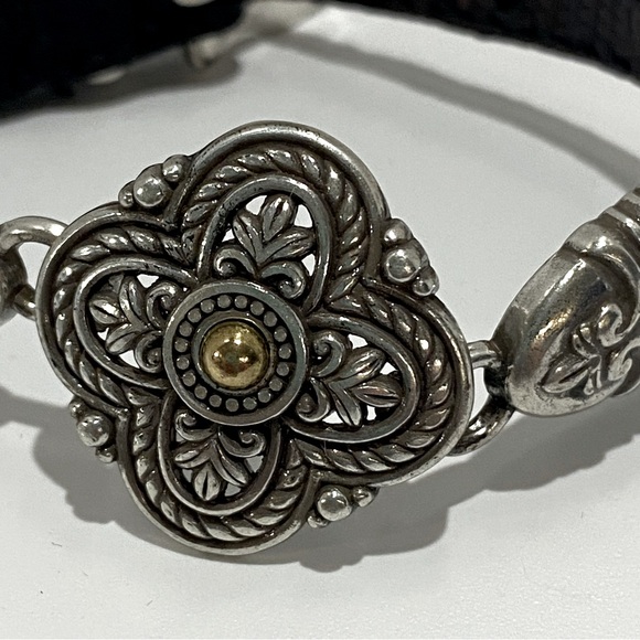 Brighton Black Leather Bracelet Silver Ornate Scroll Flower Design 07043 Boho - Picture 2 of 12